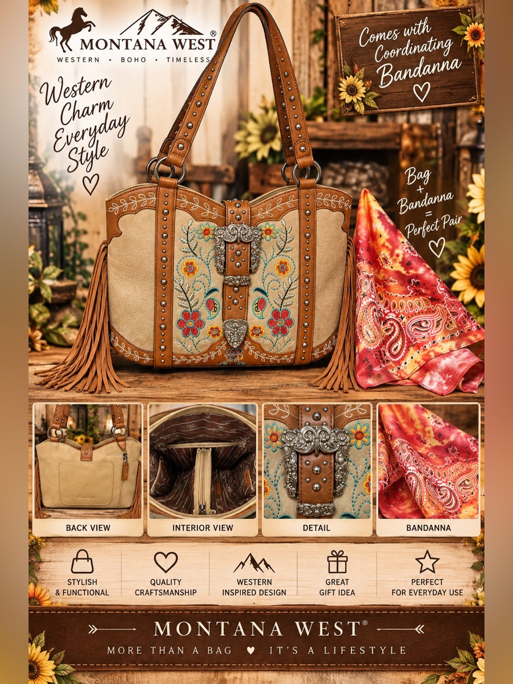 Montana West Western Floral Embroidered Fringe Tote - Tan & Cream
